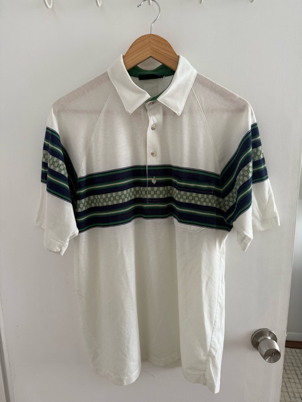Vintage Jantzen White Polo with Green & Navy Stripe Size L